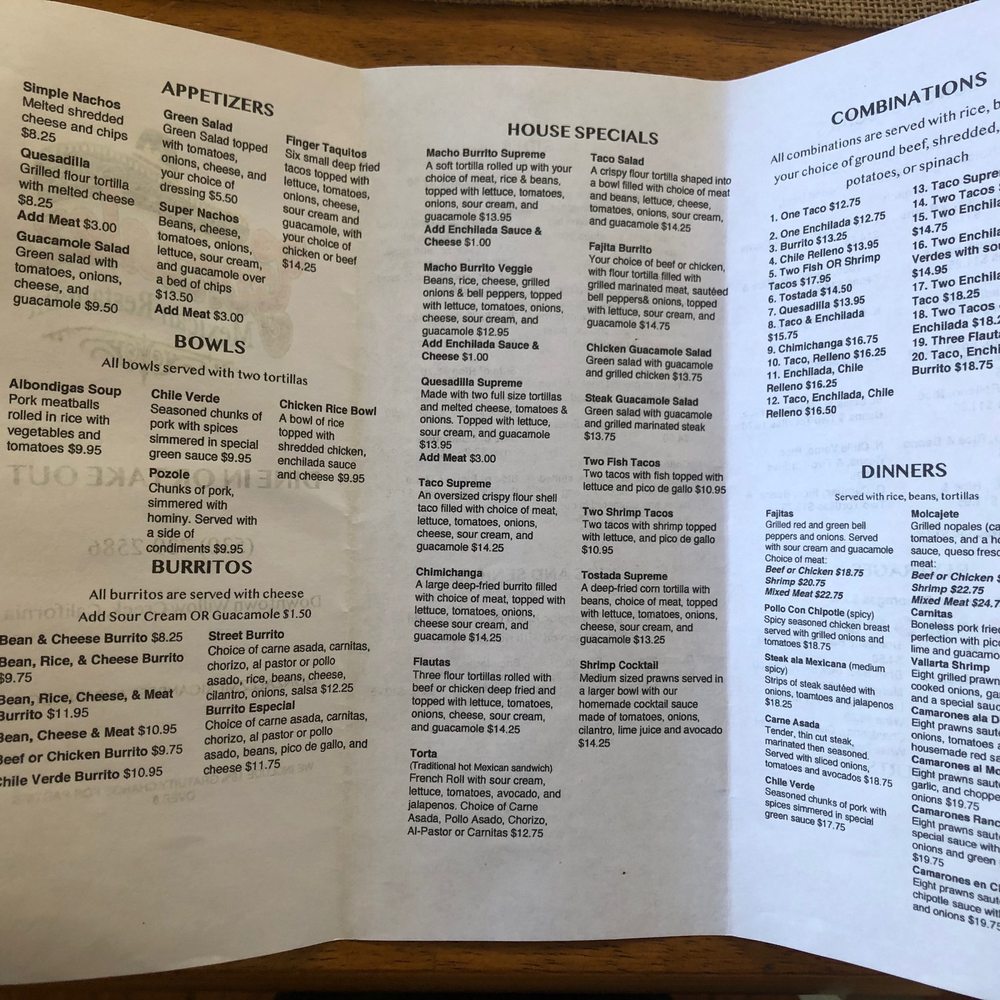 Back side of tri-fold menu