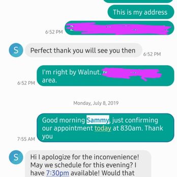 Sammys Mobile Detailing - Texted Sammy at 7:55am to confirm our 8:30am appointment. Sammy responded 4 hours later saying he has availability at 7:30pm. - Auto Detailing Near Me