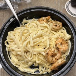 Fettuccine Alfredo with "sautéed" (blackened) shrimp