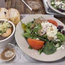 Greek salad and gumbo. Huge shrimp Greek salad and gumbo. Huge shrimp