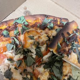 Chicken Margherita Pizza- crust burnt.