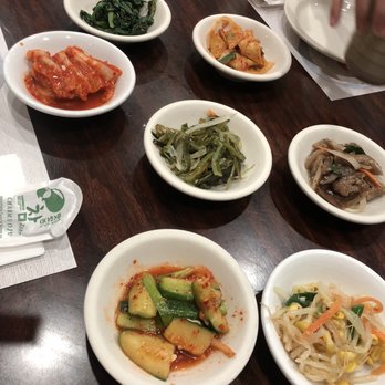 Myung San - Banchan (spinach, kimchi, fish cake, seaweed/kelp, eggplant, cucumbers, beansprouts) - Korean Near Me - Flushing, New York
