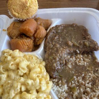 Soul 2 Soul Cafe - Smothered Pork Chops Lunch Special with Mac n cheese and yams - Southern Near Me - Galveston, Texas Soul 2 Soul Cafe - Smothered Pork Chops Lunch Special with Mac n cheese and yams - Southern Near Me - Galveston, Texas