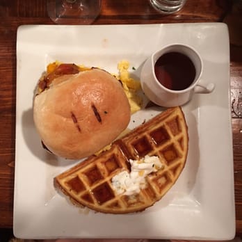 Label - Breakfast sandwich with a side of waffle and maple syrup ! - New American Near Me - Pittsford, New York Label - Breakfast sandwich with a side of waffle and maple syrup ! - New American Near Me - Pittsford, New York