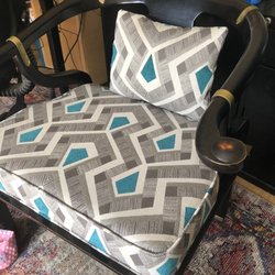 Fabric Warehouse - AFTER - beautiful art deco peacock feather material, upholstered by Coty Upholstery. With extra material for a cushion.