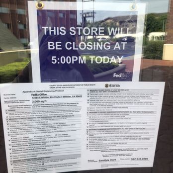 FedEx Office Print & Ship Center - The changes their operating hours due to LA County curfew. I took this picture after I was refused to be helped. - Printing Services Near Me - Whittier, California FedEx Office Print & Ship Center - The changes their operating hours due to LA County curfew. I took this picture after I was refused to be helped. - Printing Services Near Me - Whittier, California