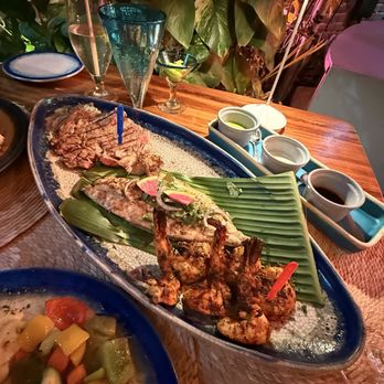 Tres Sirenas Cabo - Ribeye, Amberjack, and butterflied shrimp - Seafood Near Me - Cabo San Lucas, BCS Tres Sirenas Cabo - Ribeye, Amberjack, and butterflied shrimp - Seafood Near Me - Cabo San Lucas, BCS