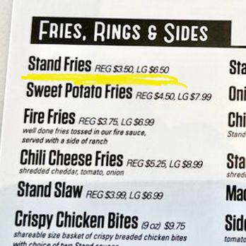 The Stand - American Classics Redefined - Large fries portion is same as regular when served. Just get regular. - New American Near Me - Valencia, California The Stand - American Classics Redefined - Large fries portion is same as regular when served. Just get regular. - New American Near Me - Valencia, California