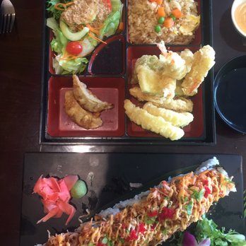 Sunflower Cafe - Bento Box: Shrimp and veggie tempura, dumplings, ginger salad, fried rice, lobster dynamite roll - Sushi Bars Near Me - Valrico, Florida