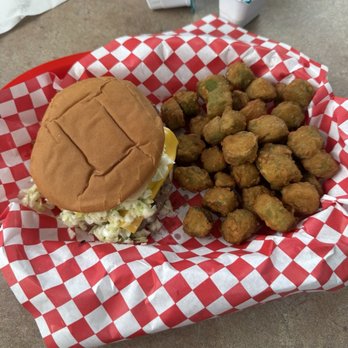 Beaches Burgers - Cheeseburger all the way with fried okra - American Near Me - Ocean Isle Beach, North Carolina Beaches Burgers - Cheeseburger all the way with fried okra - American Near Me - Ocean Isle Beach, North Carolina
