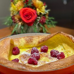 Pond Mountain Inn - Our Dutch Baby Pancake... the golden puffy crust rises above the pan like a soufflé creating a custardy center.