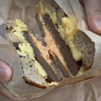 Benchwarmers Bagels And Coffee - Sausage, egg, pimento cheese on an everything bagel - Sandwiches Near Me - Raleigh, North Carolina