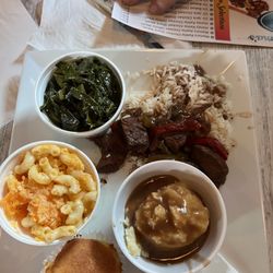 Mama's Soul Food - Beef tips, greens, mashed potatoes, Mac & cheese & corn bread