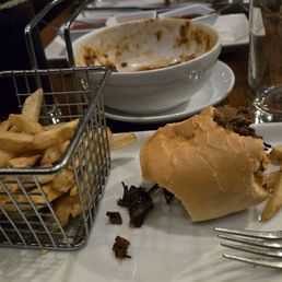 Demolished brisket chili and scarfed down beef rib sandwich with fries Demolished brisket chili and scarfed down beef rib sandwich with fries