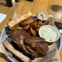 2 ribs, 1/2 chicken, coleslaw and onion bites