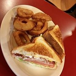 Todd's Café - Hot ham and cheese sandwich with onion rings cooked to order.