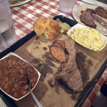 Bennett's Pit Bar-B-Que - Beans, potato salad, brisket, sausage, (ribs went too fast!) - Barbeque Near Me - Pigeon Forge, Tennessee