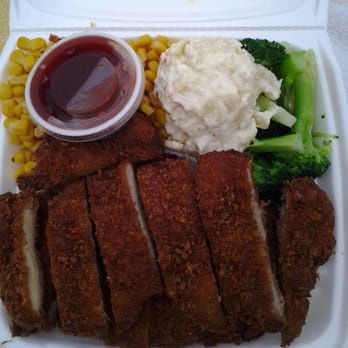 Me's BBQ - Chicken Katsu w/ Mac salad, broccoli, & double corn - Korean Near Me - Honolulu, Hawaii Me's BBQ - Chicken Katsu w/ Mac salad, broccoli, & double corn - Korean Near Me - Honolulu, Hawaii