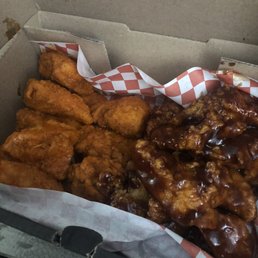 20 piece boneless wings: buffalo on the left and honey bbq on the right 20 piece boneless wings: buffalo on the left and honey bbq on the right