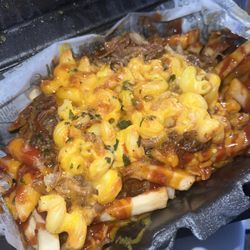 Junkie Fries - Big Texas - pulled pork, Mac and Cheese, cheddar cheese, and bbq served over fries topped with parsley