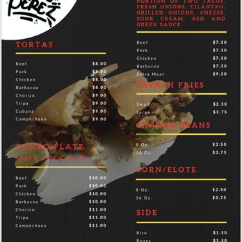 Tacos Perez - Menu - Food Trucks Near Me - Athens, Texas
