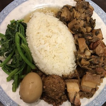 Tainan Bistro - Rice with vegetables, meatball, egg, and pork belly. - Taiwanese Near Me - Houston, Texas