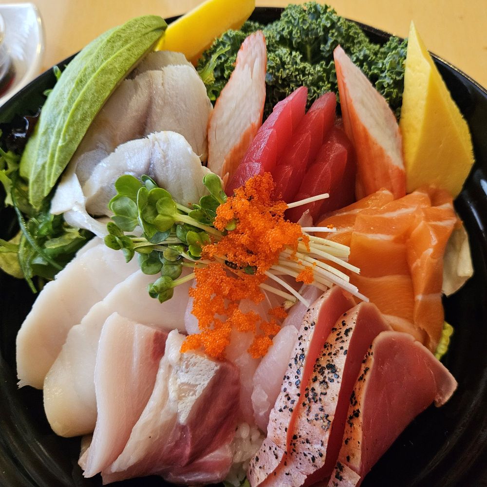 Kiku Sushi - Close up view, Deluxe Chirashi. It's sooo beautiful and just as delicious! - Sushi Bars Near Me - Baltimore, Maryland