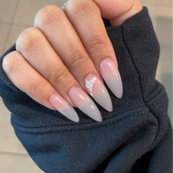 Drift Away Nail Lounge - See through almond with floral design on the middle finger - Nail Salons Near Me - Spring, Texas