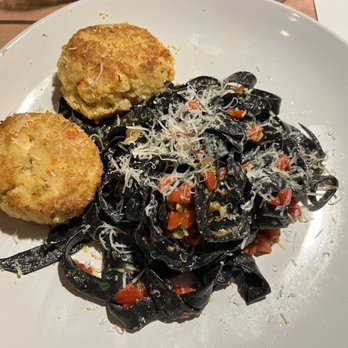 Thyme Table - Shrimp cakes with black pasta - New American Near Me - Bay Village, Ohio Thyme Table - Shrimp cakes with black pasta - New American Near Me - Bay Village, Ohio