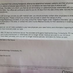 Eugene Gastroenterology Consultants PC - A letter sent to us when my husband never missed an appointment.