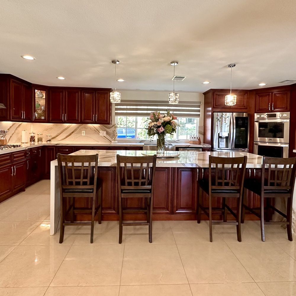 CA Kitchens Floors & Baths - Full size island with waterfall countertop design. - General Contractors Near Me - Anaheim, California CA Kitchens Floors & Baths - Full size island with waterfall countertop design. - General Contractors Near Me - Anaheim, California