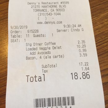 Denny's - Receipt - Diners Near Me - Torrance, California Denny's - Receipt - Diners Near Me - Torrance, California
