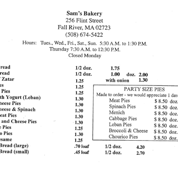 Sam's Bakery - Sam's Menu - NOTE: CLOSED MONDAYS - Bakeries Near Me - Fall River, Massachusetts Sam's Bakery - Sam's Menu - NOTE: CLOSED MONDAYS - Bakeries Near Me - Fall River, Massachusetts