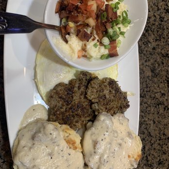 Another Broken Egg Cafe - Biscuits with gravy-City Grits-Sausage  Everything on this plate was delicious. - Breakfast & Brunch Near Me - Pearland, Texas