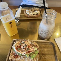 Our meal - Maui juice, Coffee Smoothie, Avocado Toast with fried egg, Banana Toast Our meal - Maui juice, Coffee Smoothie, Avocado Toast with fried egg, Banana Toast