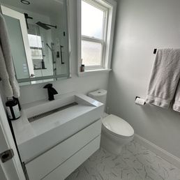 New vanity, LED mirror, floors, hardware, drywall, paint, electrical outlets, fan and toilet installed. New vanity, LED mirror, floors, hardware, drywall, paint, electrical outlets, fan and toilet installed.