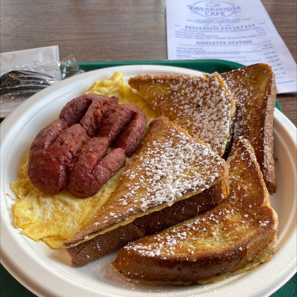 Breakhouse Cafe - Old Fashioned French Toast, Side of Beef Sausage, scrambled eggs - Breakfast & Brunch Near Me - Brooklyn, New York