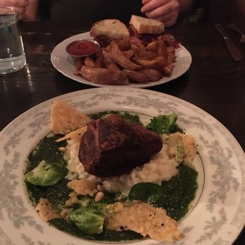 Chartier - Pork Belly with risotto, parsley purée, Parmesan crisps & Brussel sprout leaves; Beaumont Smoked Meat Sandwich with hand cut fries - French Near Me - Beaumont, Alberta Chartier - Pork Belly with risotto, parsley purée, Parmesan crisps & Brussel sprout leaves; Beaumont Smoked Meat Sandwich with hand cut fries - French Near Me - Beaumont, Alberta
