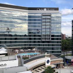 Xfinity Rooftop Lounge - View of the Omni Hotel from the balcony at the lounge.