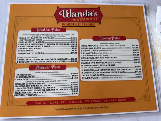 Menu photo 2 Wanda’s Restaurant Goliad, TX