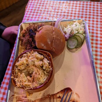 Up In Smoke BBQ - Brisket sandwich and cheesy potatoes. - Barbeque Near Me - Cedar Rapids, Iowa