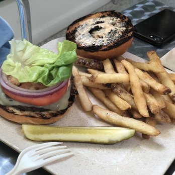 Peacock Cafe - a burger and french fries on a plate - American Near Me - Hamilton Township, New Jersey Peacock Cafe - a burger and french fries on a plate - American Near Me - Hamilton Township, New Jersey