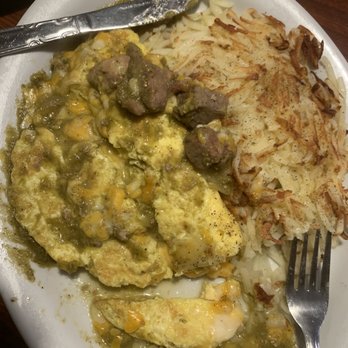 Corky's Kitchen & Bakery - Homemade Pork Chili Verde Omelette with ONLY 4 pieces of pork! - Breakfast & Brunch Near Me - Perris, California Corky's Kitchen & Bakery - Homemade Pork Chili Verde Omelette with ONLY 4 pieces of pork! - Breakfast & Brunch Near Me - Perris, California