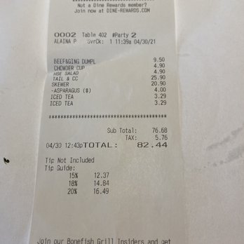 Bonefish Grill - Receipt - Seafood Near Me - Kissimmee, Florida Bonefish Grill - Receipt - Seafood Near Me - Kissimmee, Florida