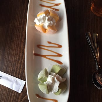 Koze Teppan Grill - Mochi Ice Cream. Green Tea & Mango with drizzled caramel & whipped cream. It was good. Probably would have preferred uncut. - Sushi Bars Near Me - El Paso, Texas