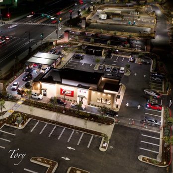 Raising Cane's Chicken Fingers - Aerial view of Raising Canes located within the Groves community /  Whittier Blvd. & Sorensen Ave. - Fast Food Near Me - Whittier, California