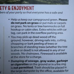 Picture of the pamphlet provided by the campsite that says we can pick up dead wood off the ground. Picture of the pamphlet provided by the campsite that says we can pick up dead wood off the ground.
