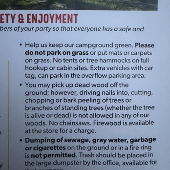 Charlottesville KOA - Picture of the pamphlet provided by the campsite that says we can pick up dead wood off the ground. - RV Parks Near Me - Charlottesville, Virginia Charlottesville KOA - Picture of the pamphlet provided by the campsite that says we can pick up dead wood off the ground. - RV Parks Near Me - Charlottesville, Virginia
