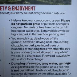 Charlottesville KOA - Picture of the pamphlet provided by the campsite that says we can pick up dead wood off the ground.