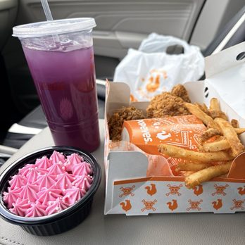 Popeyes Louisiana Kitchen - 2Pc Signature Chicken, Cajun Fries, Gum-Gum Fruit Lemonade and a Chopper's Cupcake - Fast Food Near Me - Durham, North Carolina